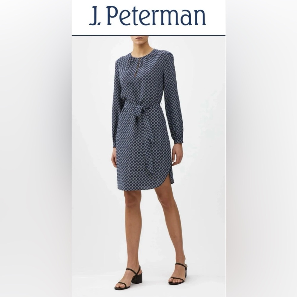 J. Peterman NEW 100% Silk Champagne Belted Shift Dress Blue White Ditzy Size Lg